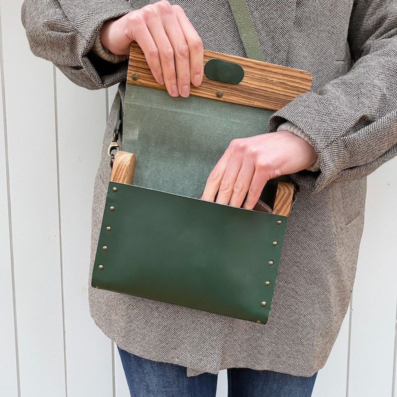 Leather & Wood Messenger Bag, detachable strap, modern design, magnetic clasp, every day or evening bag, gift for her image 3