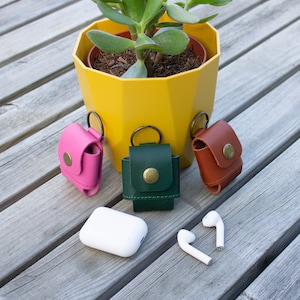 May include: Four small leather cases with key rings, in pink, green, brown, and white. The cases are sitting on a wooden surface next to a potted plant.