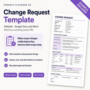 Può includere: Un modello digitale di richiesta di modifica con sezioni per riepilogo, impatto, alternative e approvazione. Il testo include Product Playbook Co, Change Request Template e campi dettagliati di gestione del progetto in viola e bianco.