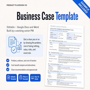 Könnte beinhalten: Eine digitale Business-Case-Vorlage von Product Playbook Co. Das Dokument enthält Abschnitte für Zusammenfassung, Problem, Chance, Lösungsvorschlag, Kosten-Nutzen-Analyse, Risiken und Empfehlung. Enthält bearbeitbare Dateien und Beispiele.