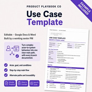 May include: A digital use case template document by Product Playbook Co. The white document features purple text and headers, including sections for system name, business analyst, use case overview, main flow, and alternate flows with tables.