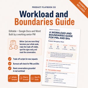 May include: A digital Workload and Boundaries Guide template for product managers and business analysts. The document features dark blue and orange text, including sections for escalation contacts, burnout self-checks, and trade-off scripts.