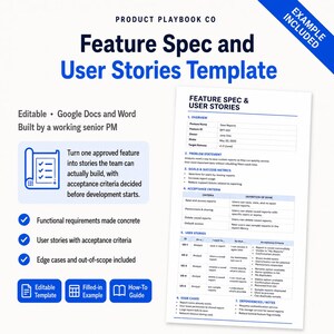 May include: A digital template titled Feature Spec and User Stories Template by Product Playbook Co. The document includes sections for overview, problem statement, goals, success metrics, acceptance criteria, user stories, and edge cases.