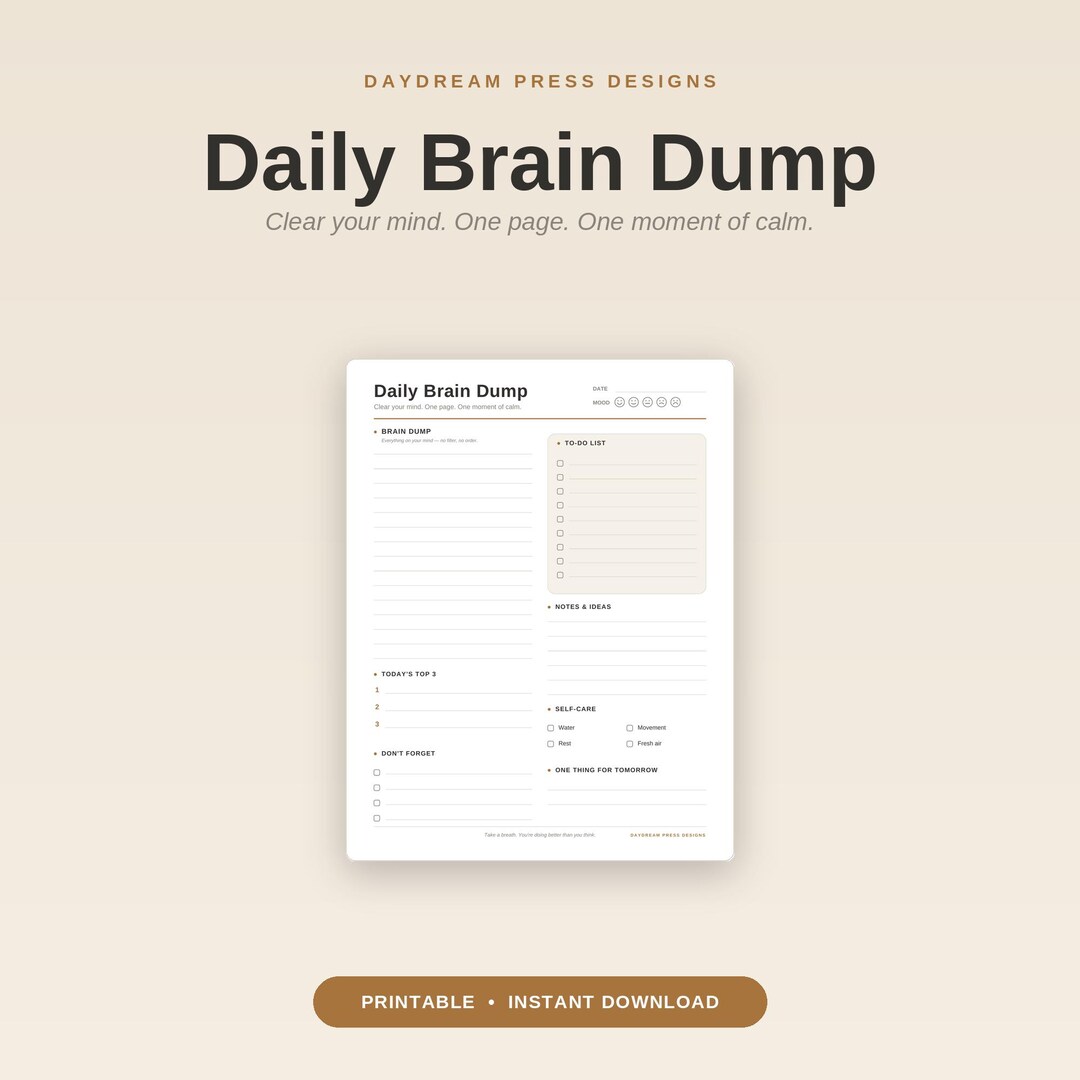 Daily Brain Dump Printable | Mental Health Planner, ADHD to Do List ...