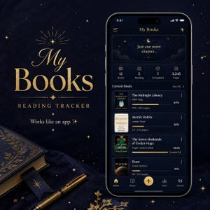 May include: A smartphone displaying a dark-themed reading tracker app titled My Books. The screen shows book covers, progress bars, and statistics. Beside the phone lies a physical book with gold accents and a gold pen on a dark blue fabric surface.