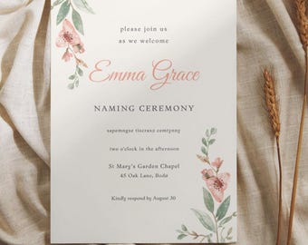 Uitnodiging bloemen naamceremonie | Canvassjabloon | Bewerkbare naamdagkaart voor baby's | Sage Blush aquarel welkomstuitnodiging 5 x 7"