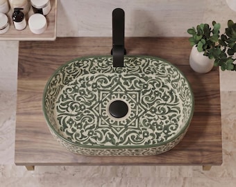 Handcrafted Oval Green Ceramic Sink - Unique Boho Chic Farmhouse Basin