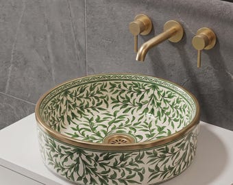 Rundes Keramik-Waschbecken mit Blattmotiv, kunsthandwerklich handbemaltes Waschbecken mit Messingrand