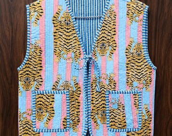 Handmade Quilted Tiger Print Vest | Reversible Cotton Vest | Boho Quilted Tie Front Jacket | Cottagecore Layering Vest
