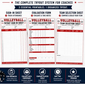 May include: A volleyball tryout bundle featuring three printable sheets: a sign-in sheet, an evaluation form, and a team selection sheet. The documents are designed for coaches to track attendance, assess player skills, and organize team rosters.