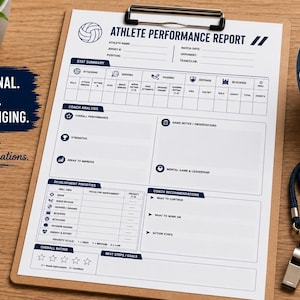 May include: A printed Athlete Performance Report form on a brown clipboard. The document includes sections for stat summary, coach analysis, development priorities, and coach recommendations. A volleyball, a whistle on a lanyard, and a notebook are nearby.