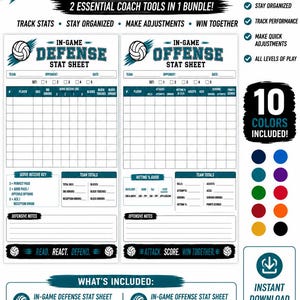 May include: A digital bundle of two volleyball stat sheets, one for defense and one for offense, featuring grids for tracking player performance, team totals, and notes. The design includes teal and black text, volleyball icons, and ten color options.