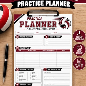 May include: A volleyball practice planner on a clipboard with sections for date, time, team, practice objective, focus of the day, a practice plan table, equipment checklist, and practice reflection. The text reads US Letter 8.5" x 11".