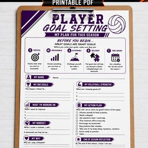 May include: A white paper sheet on a brown clipboard titled Player Goal Setting My Plan For This Season. It includes sections for goals, strengths, action plans, and mindset with volleyball icons, SMART goal definitions, and lines for writing.