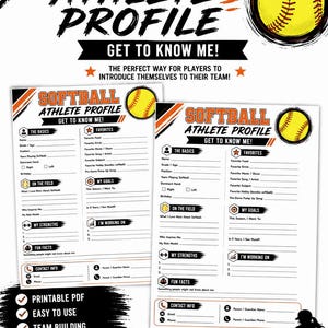 May include: A printable softball athlete profile template featuring sections for basics, favorites, on-the-field details, goals, strengths, and contact info. The design includes a yellow softball graphic, orange and black text, and a silhouette of a player.