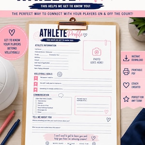 May include: A white paper athlete profile form on a wooden clipboard with navy blue and pink text and graphics. The form includes sections for athlete information, volleyball goals, communication preferences, and personal details with volleyball icons.