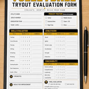 May include: A black clipboard holding a white volleyball tryout evaluation form with yellow accents. The document includes sections for athlete information, skills evaluation, athleticism, coachability, strengths, areas for improvement, and final notes.