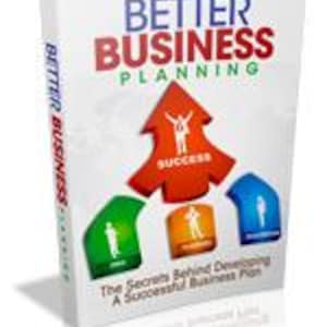 May include: A white book titled Better Business Planning with the subtitle The Secrets Behind Developing A Successful Business Plan. The cover features a large red arrow pointing upwards with the word Success and three smaller coloured arrows.