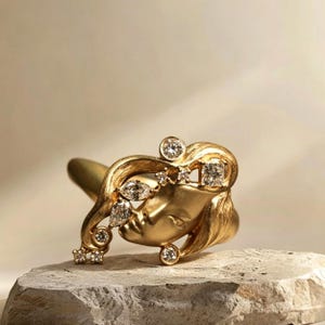 May include: A gold ring featuring a sculpted face with flowing hair, accented by multiple small, clear, round, marquise, and square-cut diamonds embedded within the metal design. The ring has a matte finish and a smooth, solid gold band.