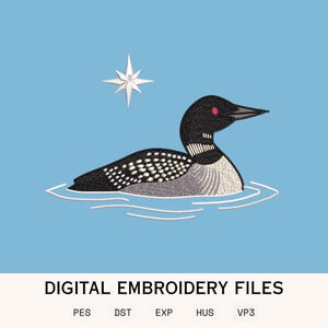 Puede incluir: Un diseño de bordado que muestra un colimbo en blanco y negro nadando sobre el agua con una estrella blanca encima. El texto inferior dice DIGITAL EMBROIDERY FILES seguido de los formatos PES, DST, EXP, HUS y VP3 sobre fondo azul claro.