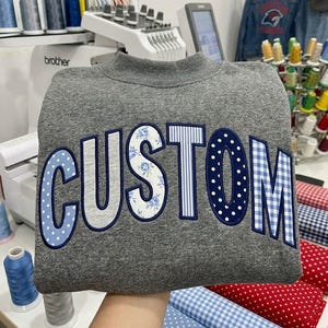 Custom Applique Mock Neck Sweatshirt, Vintage Patchwork Pullover, Collegiate Letter Patch Sweater, Trendy Embroidered Gift For Her
