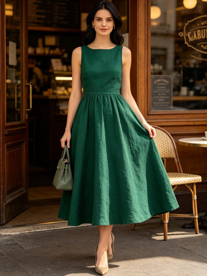 May include: A sleeveless forest green midi dress with a fitted bodice and a full, flared skirt. The dress features a round neckline and a textured fabric finish. A small, matching green structured handbag is held in one hand, and neutral-toned pointed-toe heels complete the ensemble.