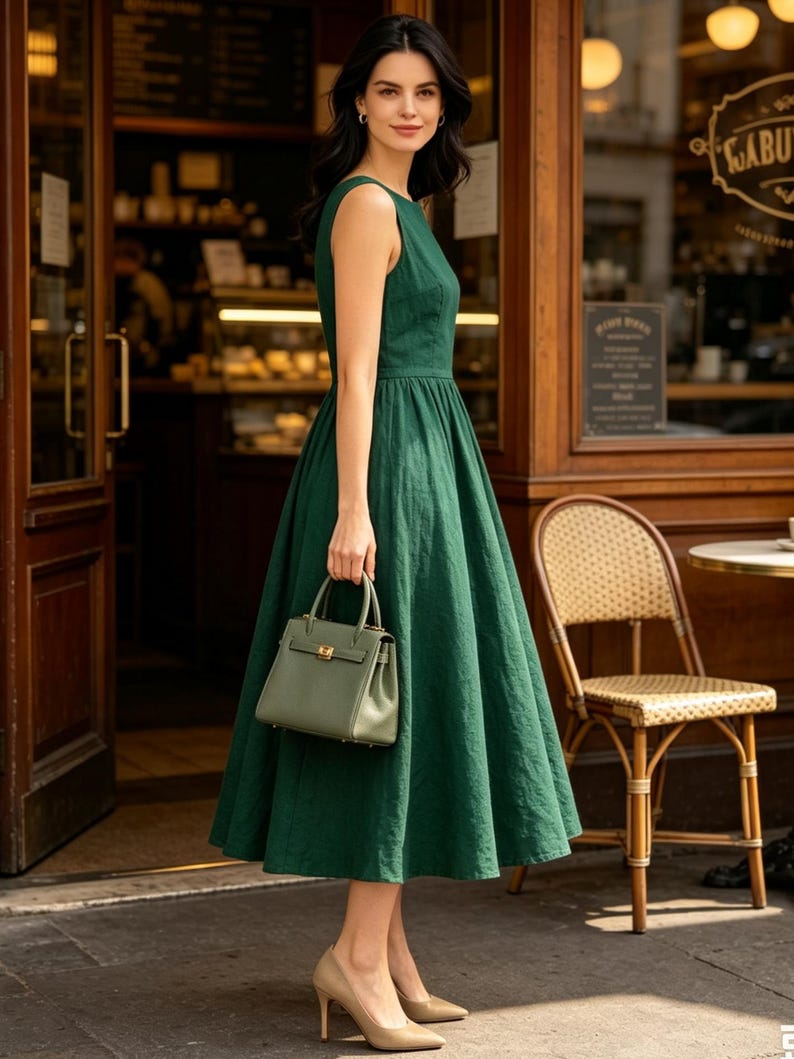 May include: A sleeveless dark green midi dress with a fitted bodice and a full, pleated skirt. The dress is paired with a small, structured sage green handbag featuring a gold-tone clasp and beige pointed-toe high-heeled pumps.