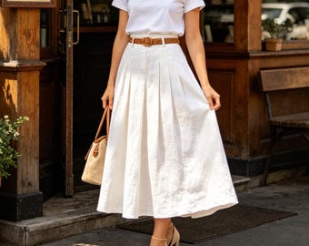 A-line Skirt Minimal White Linen Blend Midi Skirt Summer Boho Skirt Casual A Line Skirt With Pockets Relaxed Elegant Wardrobe Essential