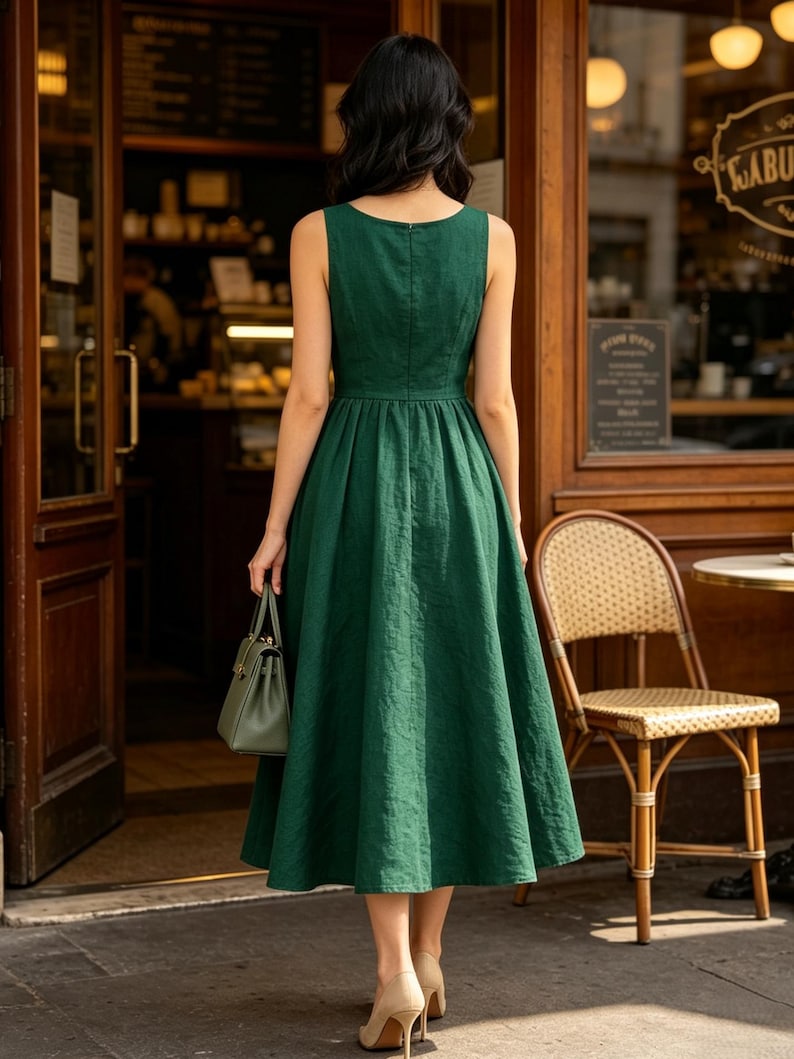 May include: A sleeveless forest green midi dress with a fitted bodice and a flared, pleated skirt. The dress features a round neckline and a concealed back zipper closure. A small, matching green structured handbag is held at the side.