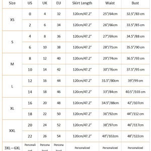 May include: A white size chart table with black text, organizing clothing sizes from XS to XXL and 3XL-6XL. Columns include US, UK, and EU sizing, with specific measurements for skirt length, waist, and bust in both inches and centimeters.