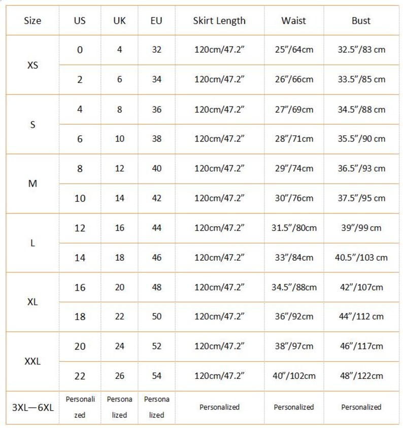May include: A white size chart table with black text, organizing clothing sizes from XS to XXL and 3XL-6XL. Columns include US, UK, and EU sizing, with specific measurements for skirt length, waist, and bust in both inches and centimeters.