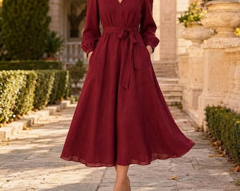 Burgundy Linen Blend V Neck Midi Dress Long Sleeve Belted A Line Dress With Pockets Romantic Fall Office Custom Plus Size Dress
