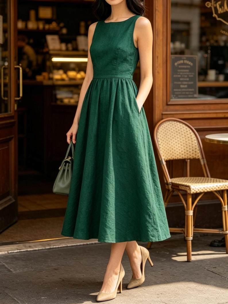 May include: A sleeveless forest green midi dress with a fitted bodice, a defined waistline, and a full, pleated skirt featuring side pockets. The dress is paired with beige high-heeled pumps and a small, matching green structured handbag.