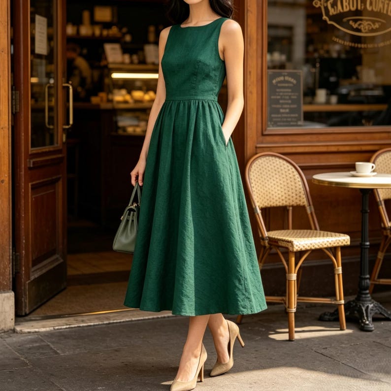 May include: A sleeveless forest green midi dress featuring a fitted bodice, a defined waistline, and a full, pleated skirt that falls below the knees. The dress has a round neckline and is paired with a small matching green handbag and beige heels.