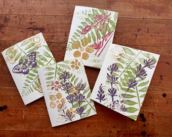 Botanical Block Print Cards: Fern & Flower Handmade Art (Set of 4)