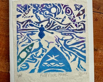 Full Moon Kayak Linocut Print: Mountain Lake Art Card