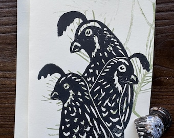 Quail Family Block Print Card: 5x7 Blank Note Card