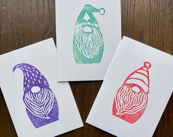 Scandinavian Gnomes 4 x 6 set of 3 cards,  Gnome cards block printed gift cards,  Holiday cards,  Block print Christmas cards with envelopes