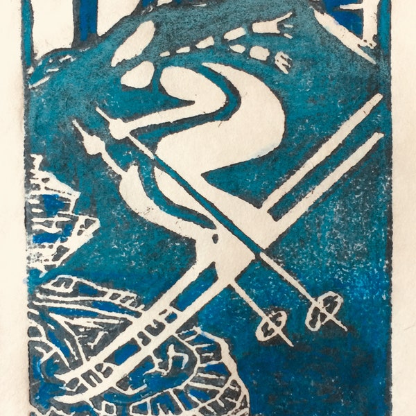 Tahoe Downhill skier, 4" x 5", linocut print on Natural buff paper, vintage downhill skier card, custom block print 5 x 7 cards, winter card