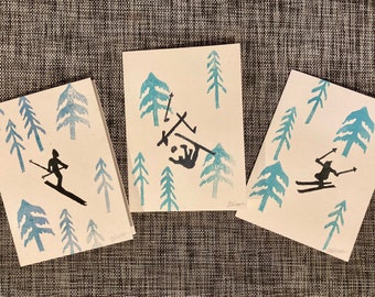 Skier Trio Block Print Cards: Winter Sports Art, Funny Skiing (5x7)