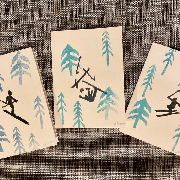 Skier Trio 5x7 block print cards, winter sports ski art cards, funny skier falling, ski the trees block print cards framable art cards