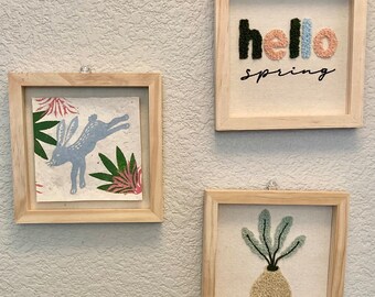 Hello Spring -set of three natural framed wall art