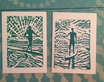 SUP Block Print Cards: Teal Paddle Board Notecards (Set of 2)