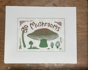 Mushroom Art block print matted prints 8 x 10 gifts for the mushroom lover, hand printed fungi print