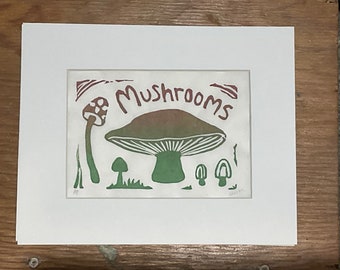 Mushroom Art Block Print: Matted Fungi Print (8 x 10)