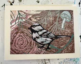 Mixed Media chickadee 5x7 framable block printed art card/greeting cards for the bird lover