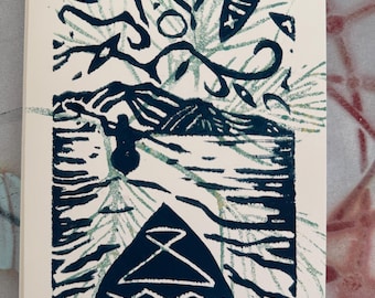 Full Moon Kayak block print card: 5 x 7 blank greeting cards framable art cards