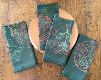 Botanical Table linens, Kitchen and Dining set of four napkins, Hunter Green, tree ring, block printed, hand made,100% cotton custom printed