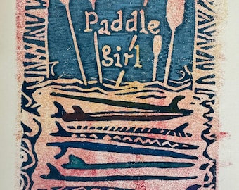 Stand Up Paddle Girl Block Print Card – Mono Print Art Greeting (5x7)