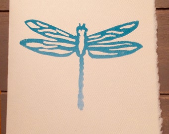 Dragonfly Block Print Card: Teal Ombre Nature Art (5x7)